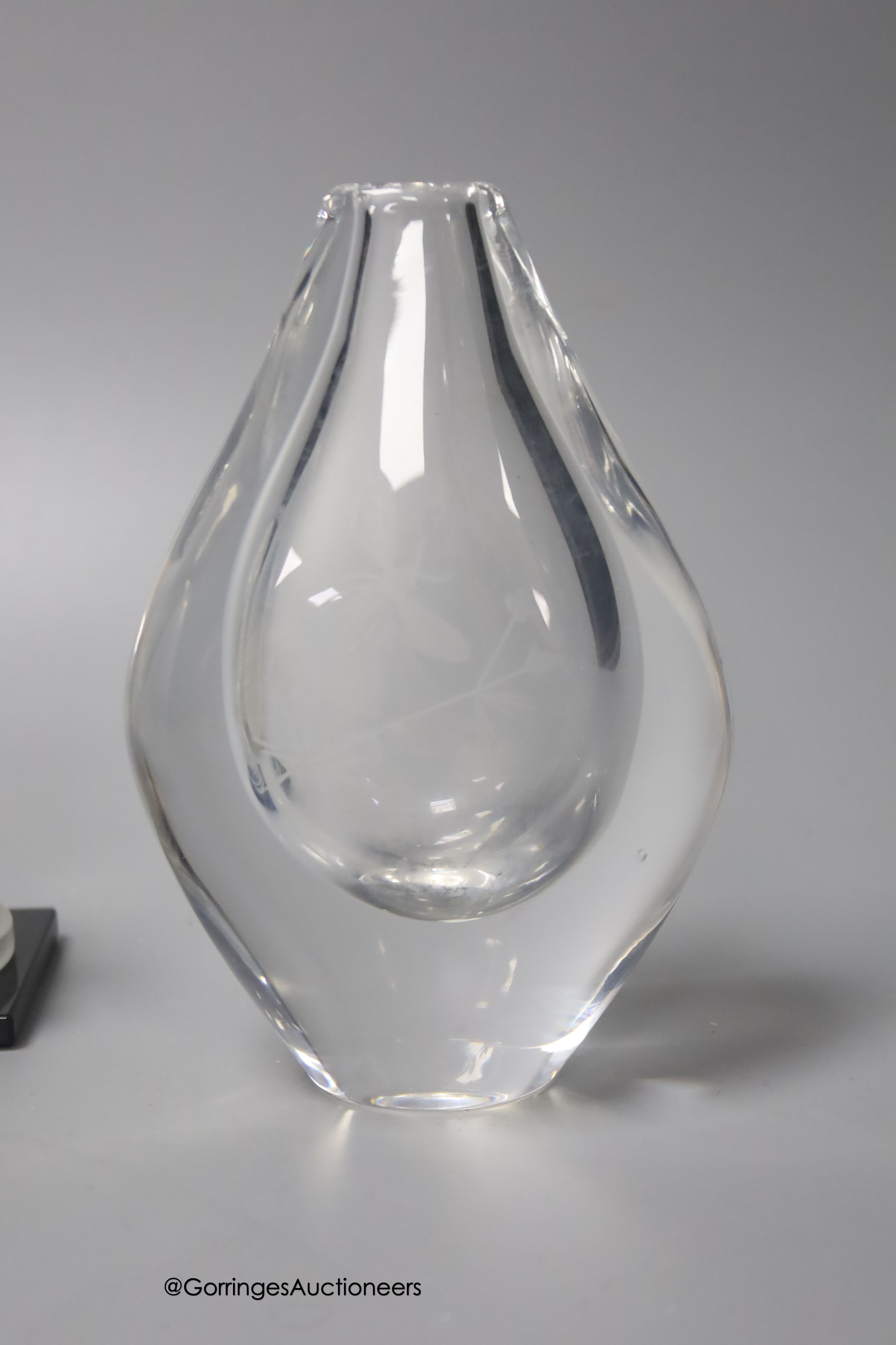 A Sabino opaline glass ashtray, 16cm, a similar Sabino moulded posy vase, one other French posy vase and a small French frosted glass kneeling female model